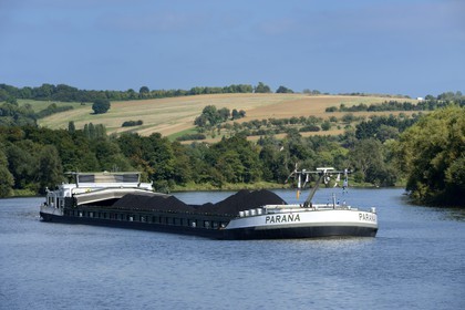 France, Moselle, barge on the River Moselle at Malling