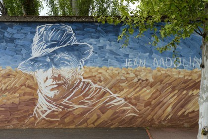 France, Rhone, Lyon, Montluc Prison Memorial, Jean Moulin hero of the Resistance painted on the outside wall of the enclosure