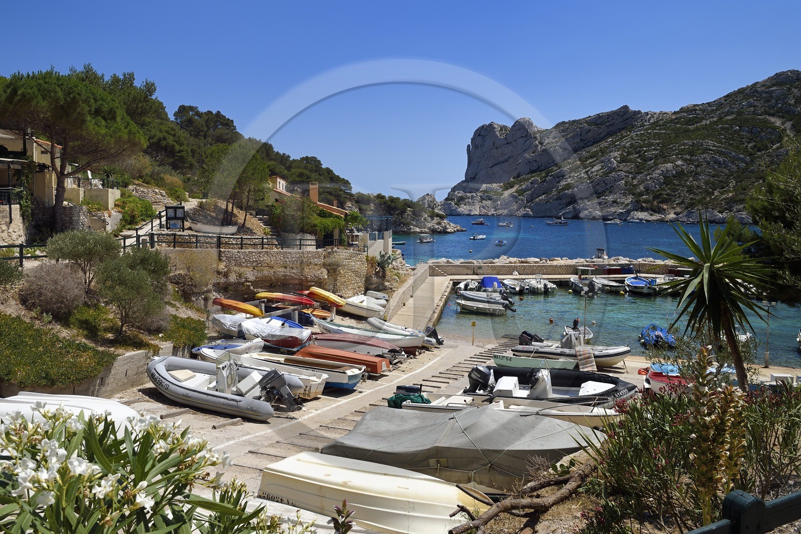France, Bouches du Rhone, Marseille, National Park of the Calanques, Calanque de Sormiou, Calanque de Sormiou (cove), small harbour (request for authorization necessary before publication)