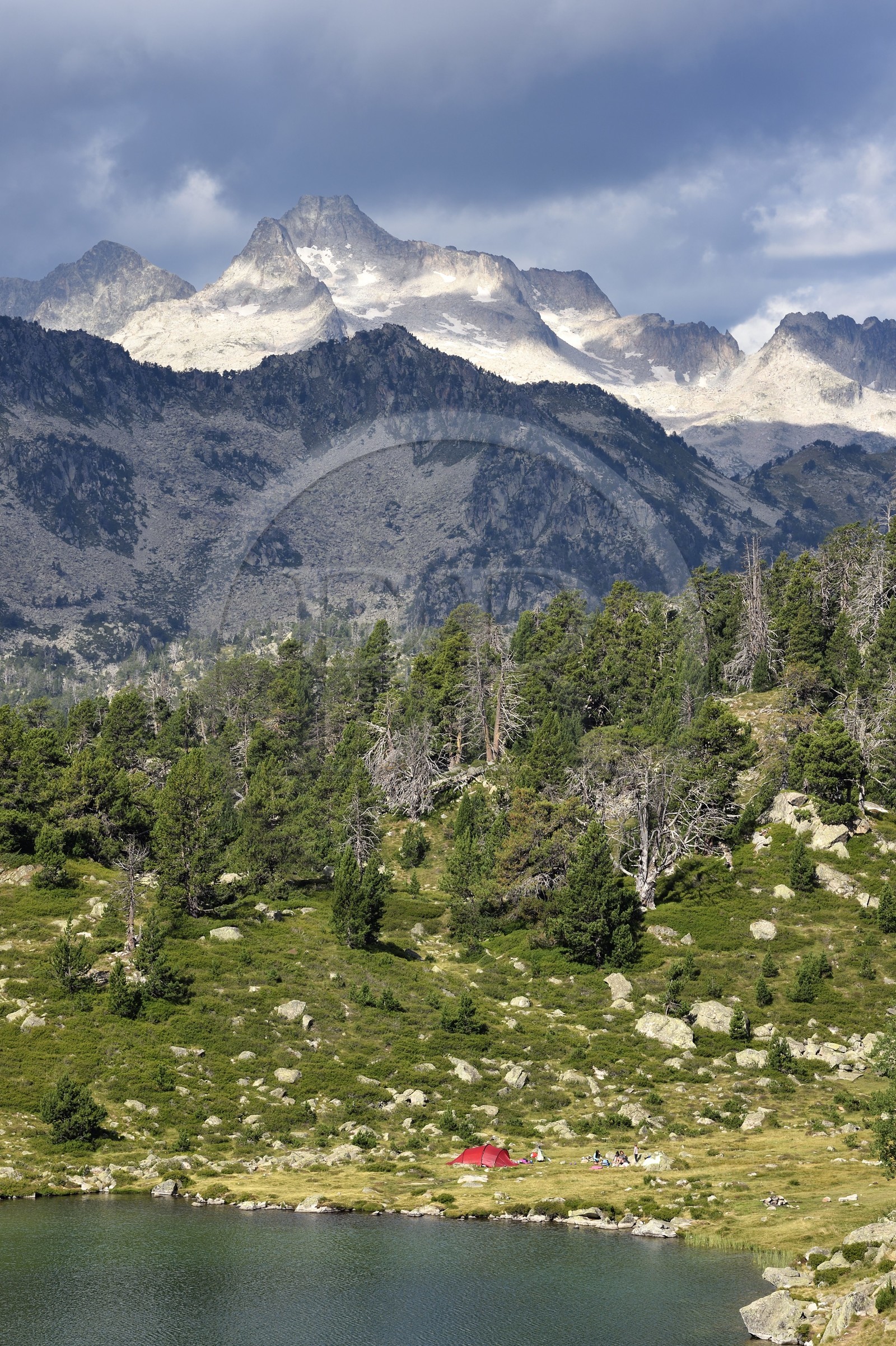 France, Hautes Pyrenees, Saint Lary Soulan and Vielle-Aure, hike on a variant of the GR10 between the Portet pass and the Bastan lakes on the edge of the Neouvielle nature reserve, lower Bastan lake and the Neouvielle massif in the background