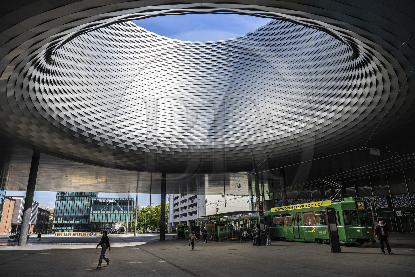 Switzerland, Basel, Messeplatz (Art Basel), the building of the Salon de Bâle called the City Lounge designed by the architects Herzog and de Meuron, the characteristic hole is called Fenster zum Himmel (window on the sky)