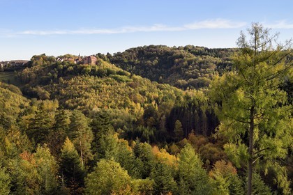 France, Bas-Rhin, Parc regional des Vosges du nord (Northern Vosges Regional Natural Park), La Petite Pierre, the Rocher Blanc (White Rock) which allows to enjoy a beautiful view of the old town and the Chateau