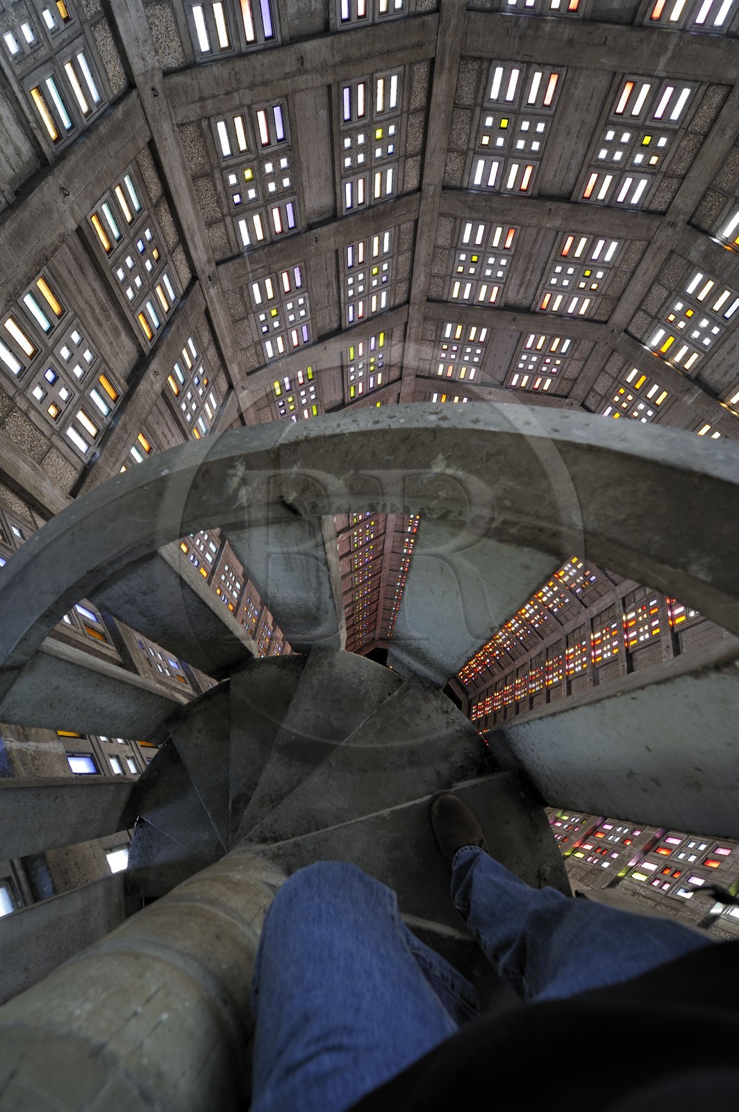 France, Seine Maritime, Le Havre, Downtown rebuilt by Auguste Perret listed as World Heritage by UNESCO, Saint Joseph church, the bell tower seen from the top