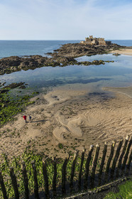 France, Ille-et-Vilaine (35), Côte d'Emeraude, Saint-Malo, Fort National conçu par Vauban et construit par Siméon Garangeau de 1689 à 1693, la plage de l'eventail à marée basse avec ses brise-lames en bois