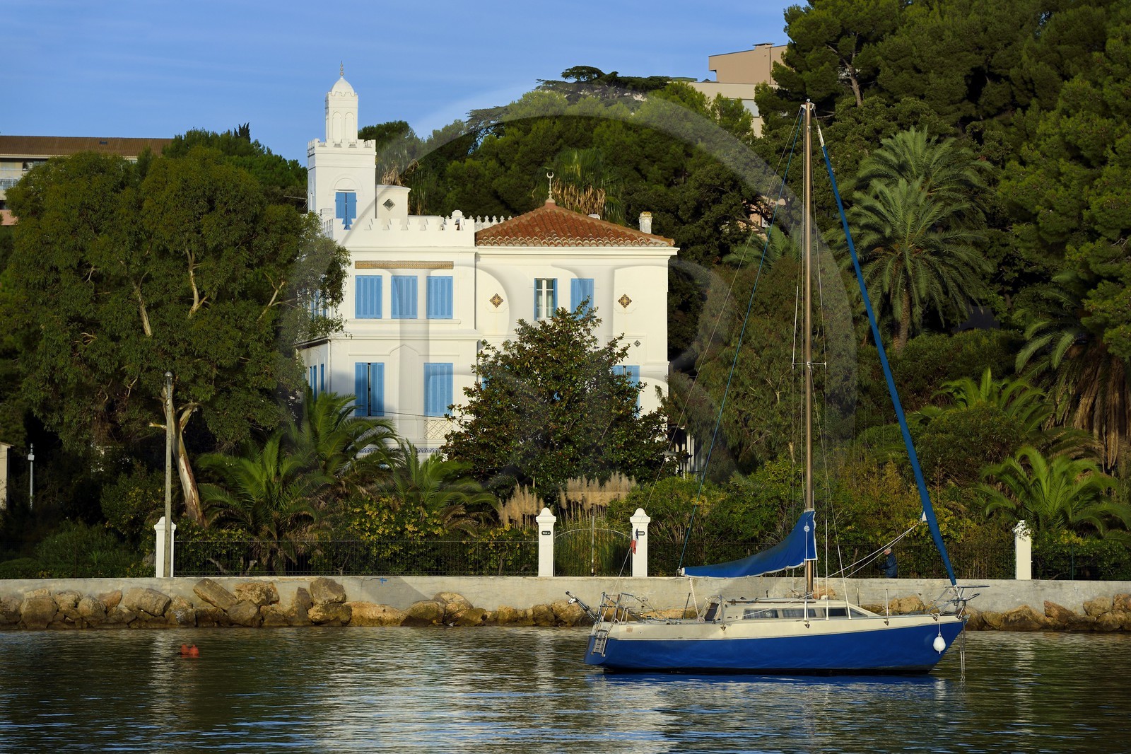 France, Var, the Rade (Roadstead) of Toulon, La Seyne-sur-Mer, area of Tamaris, the orientalist style Crescent villa (villa du Croissant) is recognizable by its minaret tower