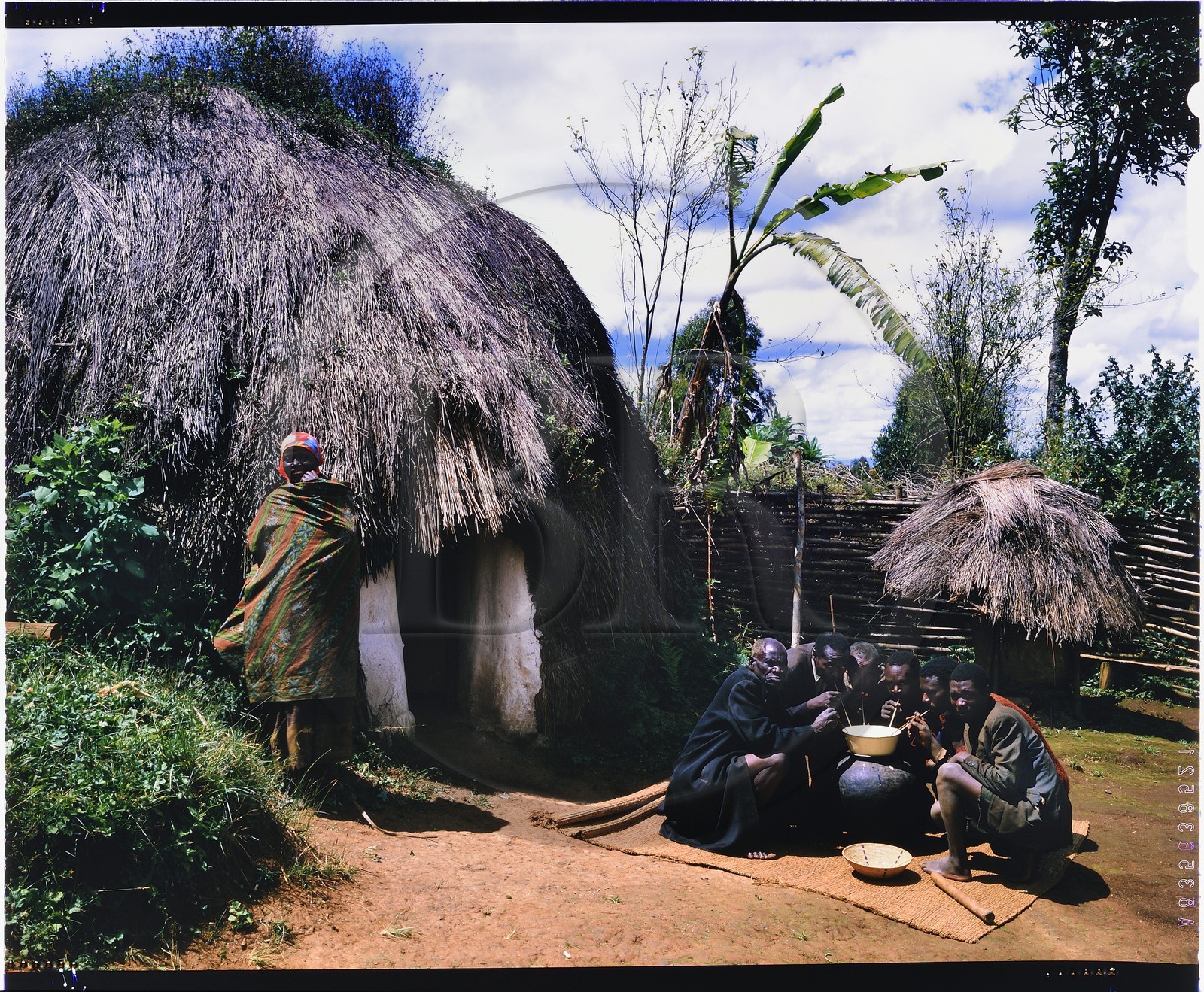 Burundi, Bujumbura Province, Ijenda area, main house of an intermediate type rugo, the archaic (pre colonial) rugo virtually disappeared, this hemispherical hut is differentiated only by having solid walls, the internal organization has not changed and it retains its thatched roof that covers it entirely, the two men left and right in the foreground are probably Hutu while the other men and women were Tutsi, the two ethnic groups live together without problems in peacetime and have good neighborly relations, the men are drinking the sorghum beer (traditional beer) (4x5 reversal film reproduction)