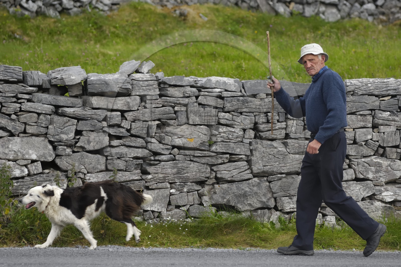 Irlande, Comté de Galway, Aran Islands, Inishmore, homme et son chien