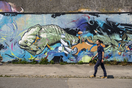 France, Morbihan, Lorient, mural painting by Lez and Samp rue Florian Laporte