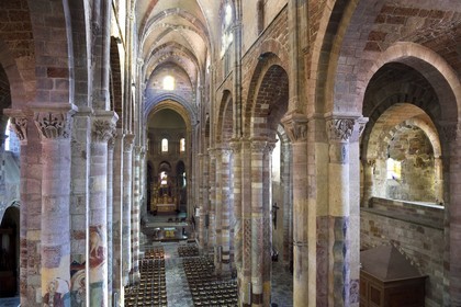 France, Haute Loire, Brioude, the Basilica of Saint-Julien de Brioude in Auvergne Romanesque style, the nave seen from the gallery
