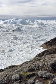 Groenland, cote ouest, baie de Disko, Ilulissat, fjord glacé classé Patrimoine Mondial de l'UNESCO qui est l’embouchure maritime du glacier Sermeq Kujalleq (Jakobshavn Glacier)