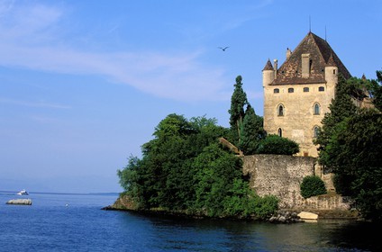 France, Haute Savoie, Yvoire village, labelled Les Plus Beaux Villages de France (The Most Beautiful Villages of France), castle dungeon over lake Leman