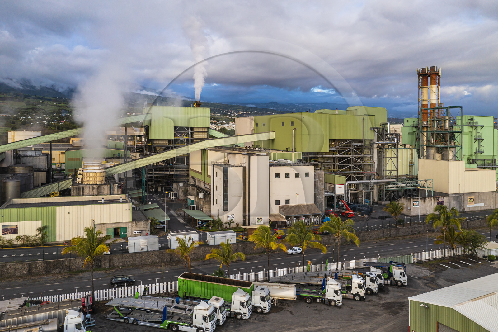 France, Reunion island (French overseas department), Saint-Louis, Gol-Albioma power plant which produces electricity from sugar cane residues during the sugar campaign of the adjoining Gol sugar factory (aerial view)