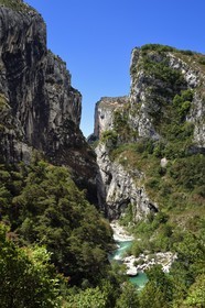 France, Alpes-de-Haute-Provence (04), Parc Naturel Régional du Verdon, Rougon, Grand Canyon du Verdon, la rivière du Verdon dans le couloir Samson et le début du sentier Blanc-Martel sur le GR4