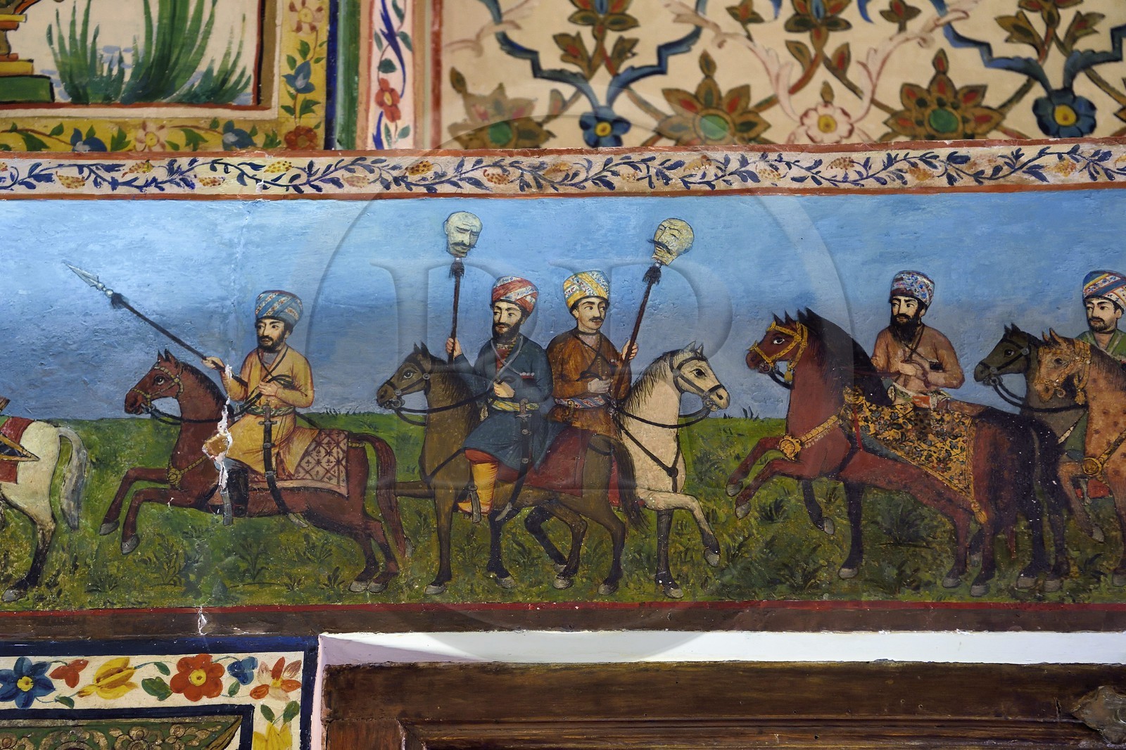Azerbaijan, Shaki, Palace of Shaki Khans built in 1797 by Muhammed Hasan Khan, Khan's room, fresco depicting scenes of battles and cut heads on a spade