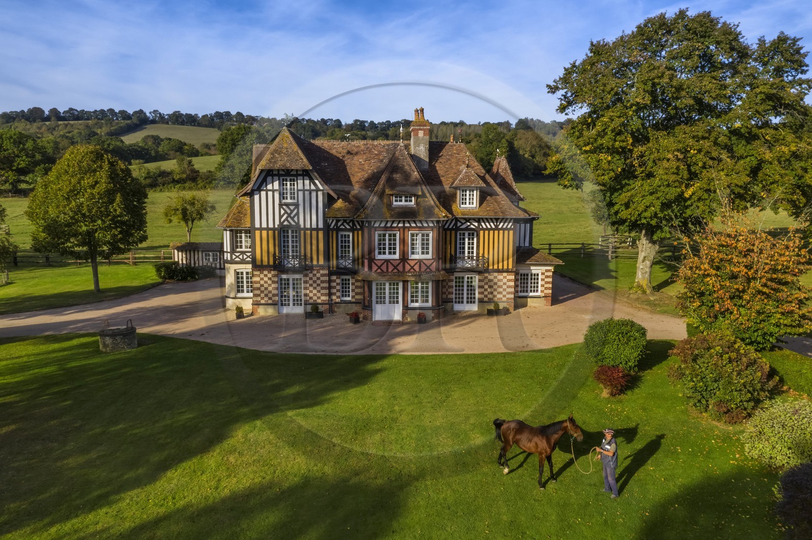 France, Calvados (14), Pays d'Auge, Beuvron-en-Auge, labellisé Les Plus Beaux Villages de France, manoir du Haras de Sens, le cheval Gold de Padd (fils de l'étalon Ready Cash) tenu par le stud groom Dominique Blachet (vue aérienne)