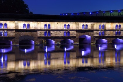 France, Bas Rhin, Strasbourg, old town listed as World Heritage by UNESCO, la Petite France District, Vauban dam on the Ill river, illuminations in the evening