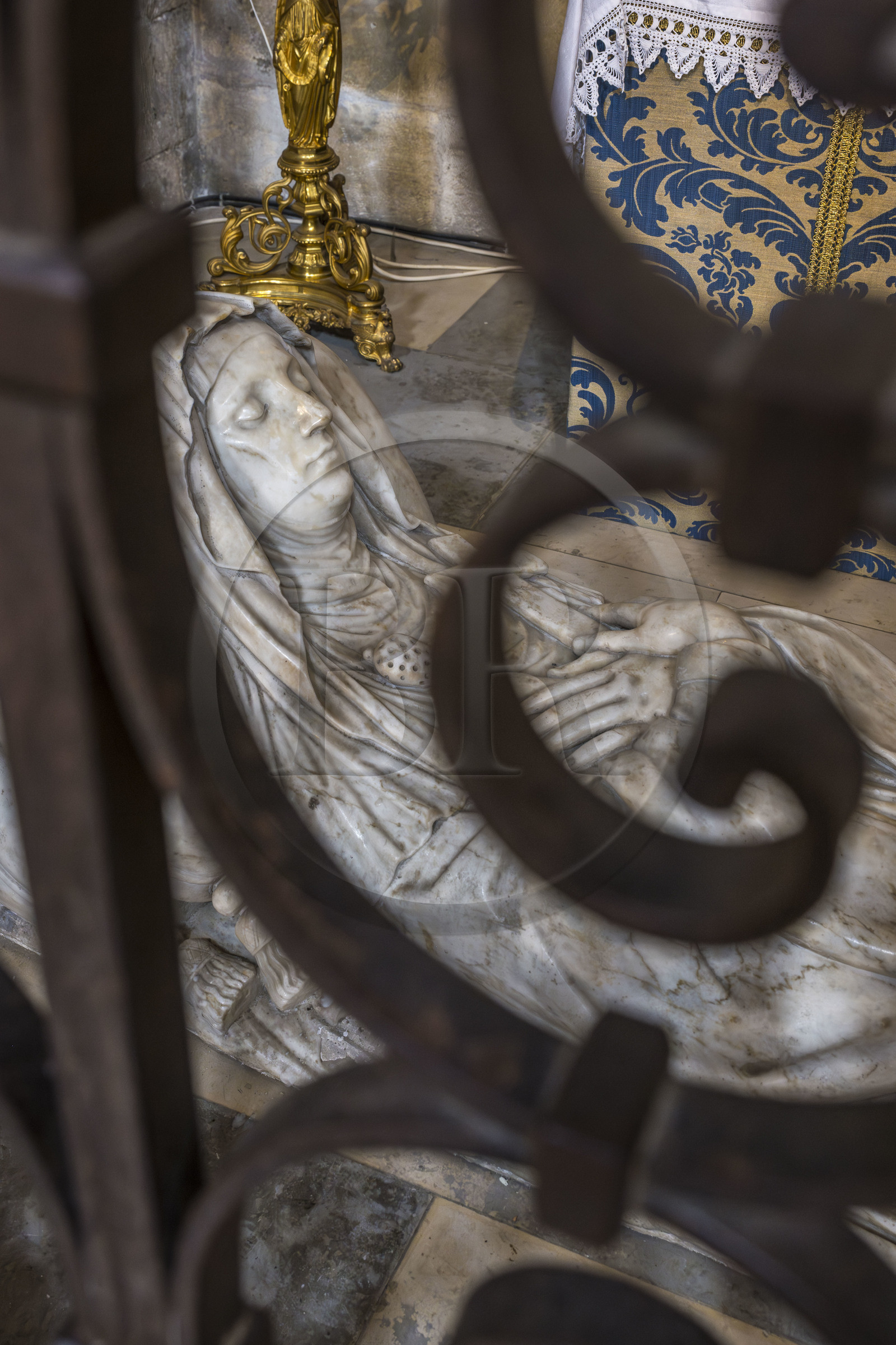 France, Bouches du Rhone, Tarascon, the royal collegiate church of Sainte-Marthe built in the 11th and 12th centuries, recumbent statue of Saint Martha which was positioned on the 4th century sarcophagus