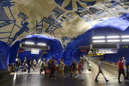 Suède, Stockholm, station de métro (Stockholms tunnelbana), de nombreuses stations exposent des œuvres d'art, station de métro T Central