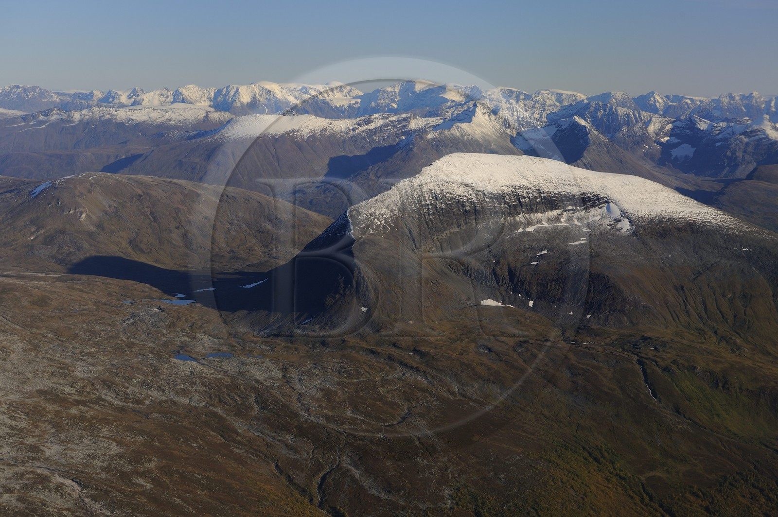 Norway, Troms County, mountains at East Tromso, Tromsdalstind Mount (1238 m) (aerial view)