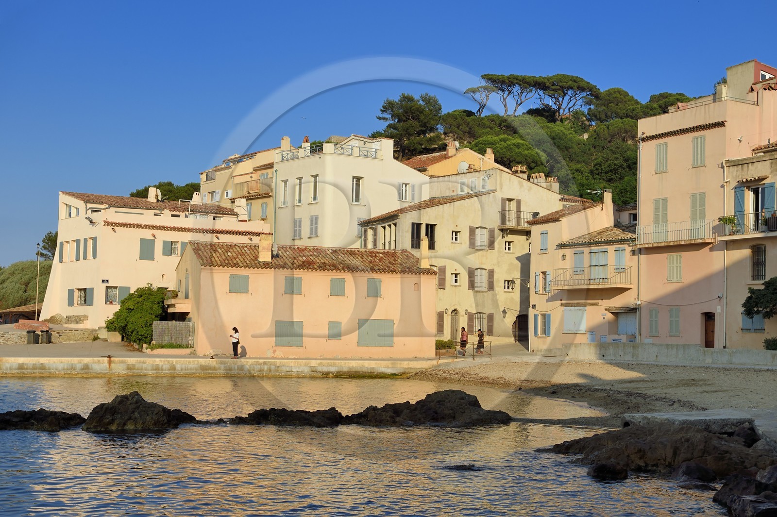 France, Var, Saint-Tropez, Plage de la Ponche Beach where are built the high houses with facade of ochre, yellow or orange colors