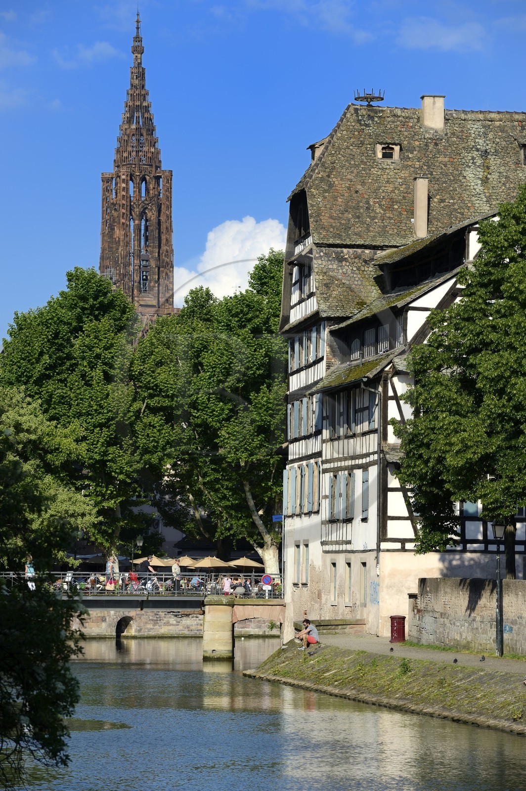 France, Bas Rhin, Strasbourg, old town listed as World Heritage by UNESCO, Petite France District, the Pont du Faisan and quai de la Petite France on the Ill river, Notre Dame Cathedral in the background