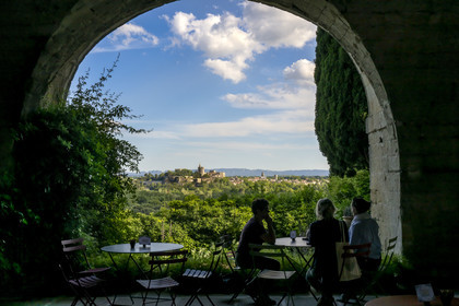 France, Gard, Villeneuve les Avignon, the gardens of the former Benedictine abbey of Saint André the Palais des Papes (Palace of the Popes) in Avignon classified as UNESCO World Heritage in the background