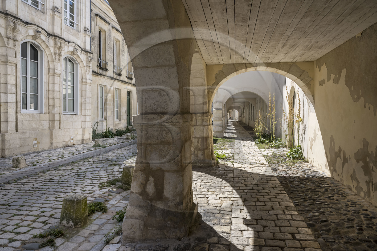 France, Charente-Maritime (17), La Rochelle, la rue de L'Escale est la seule de la vieille ville encore pavée avec des galets ronds provenant du lest des vaisseaux, elle est bordée d'arcades et possède de nombreux hotels particuliers