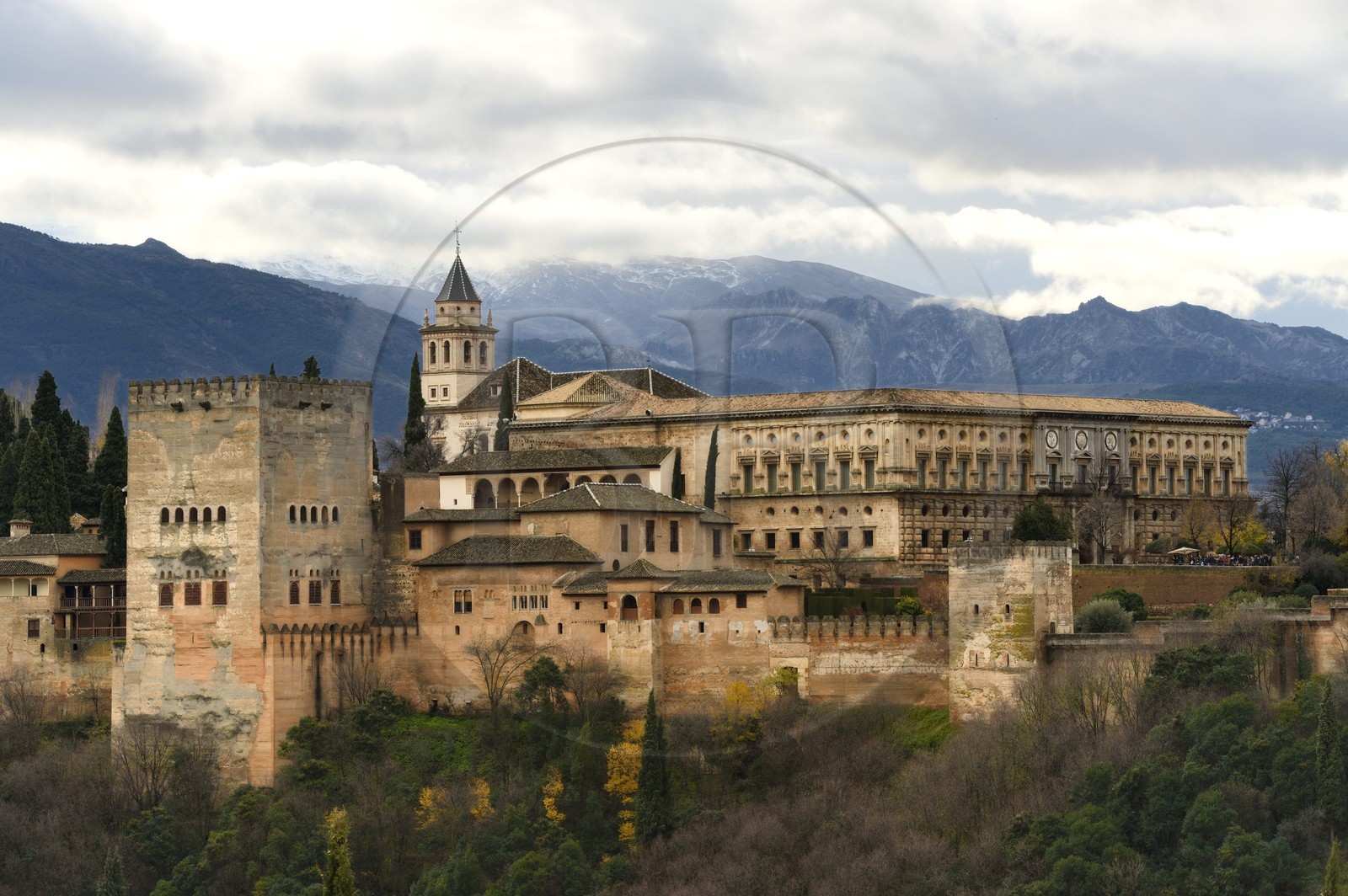 Spain, Andalusia, Granada, Alhambra, listed as World Heritage by UNESCO, and the Sierra Nevada mountains