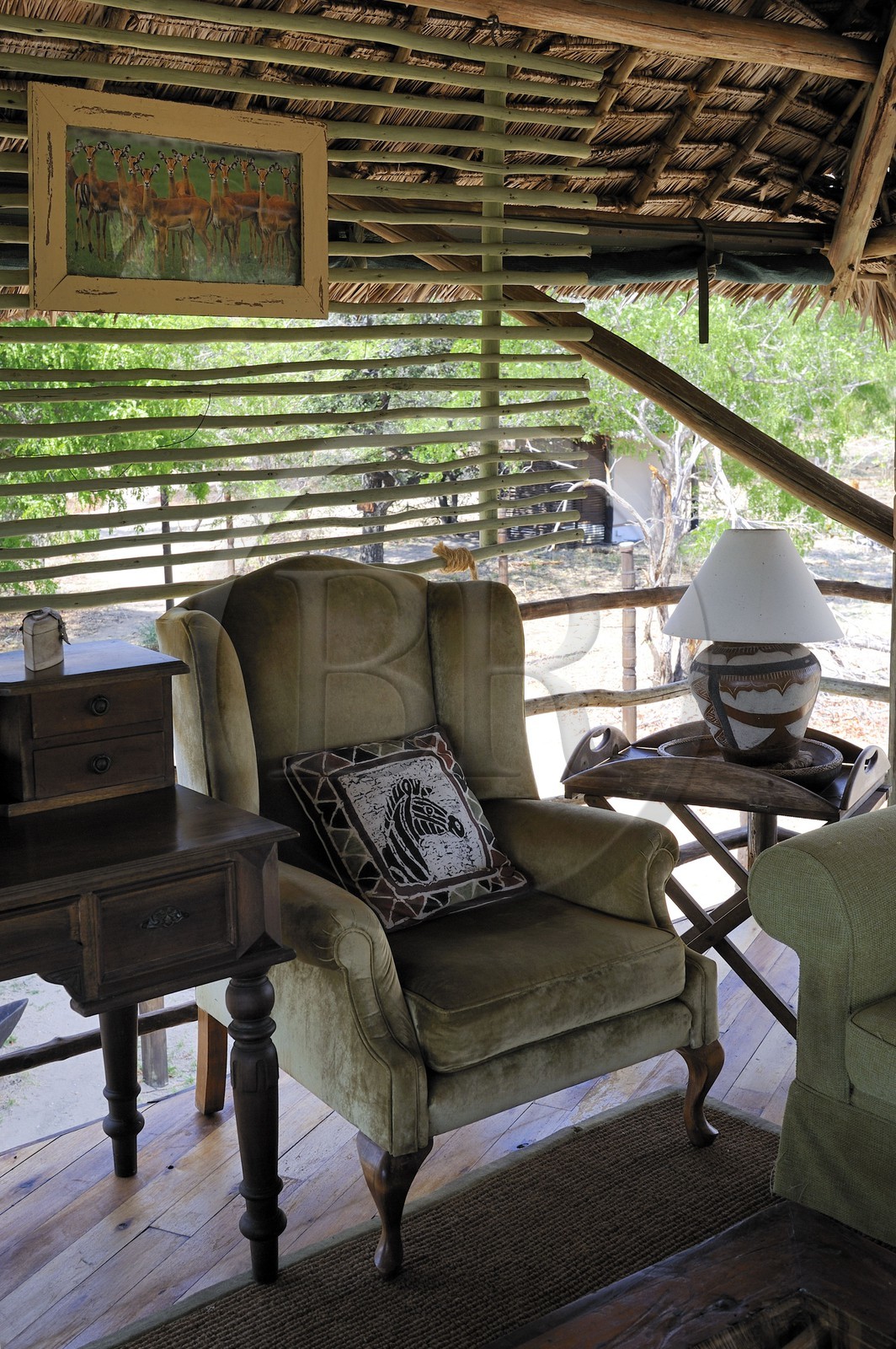 Tanzanie, Reserve de gibier de Selous une des plus grandes zones protégées au monde et inscrite sur la liste du patrimoine mondial de l’Unesco depuis 1982, le très exclusif Selous Camp, le bar