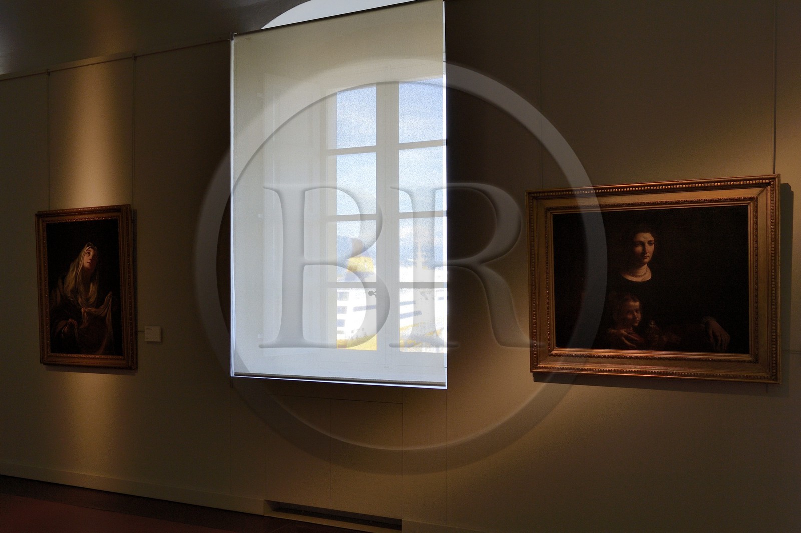 France, Corse du Sud, Ajaccio, Fesch museum (the Museum of Fine Arts), ferry in the harbor through the window