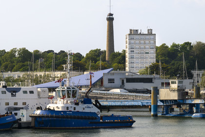 France, Morbihan, Lorient, trade port, the discovery tower in the background