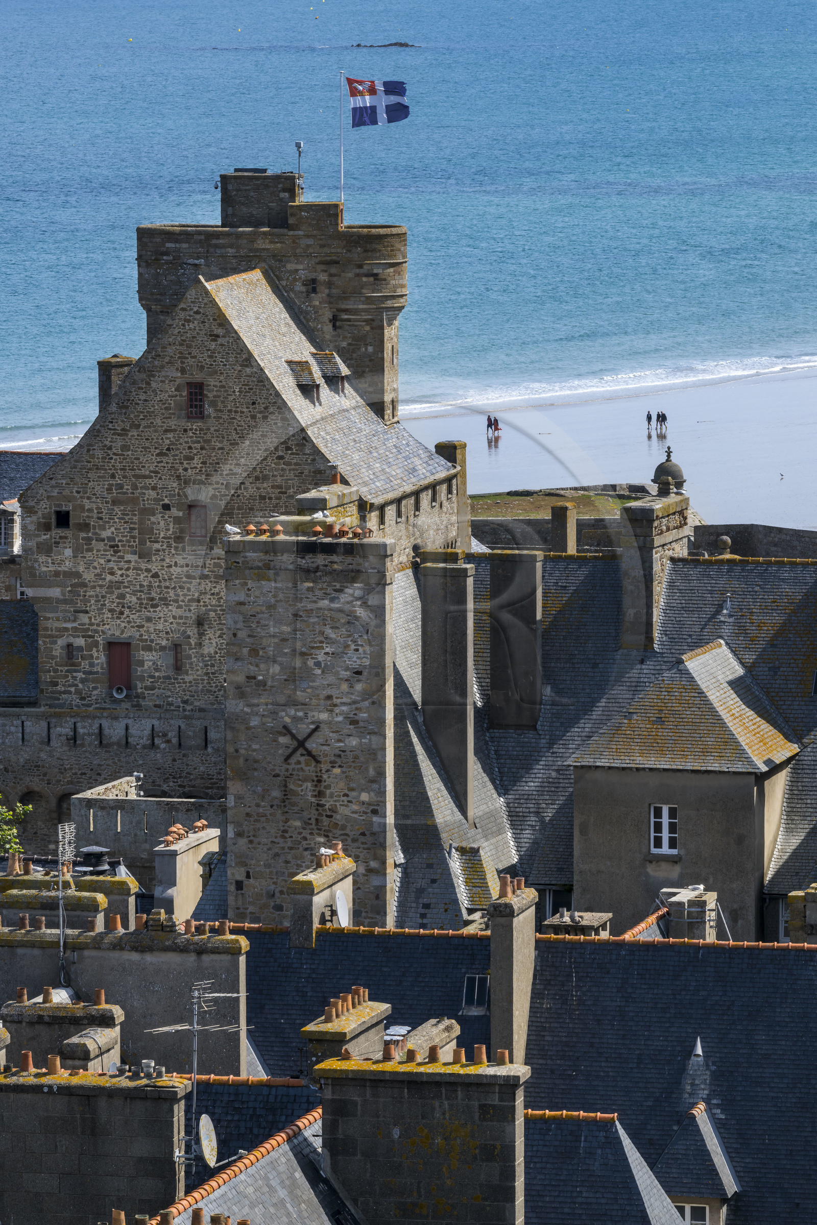 France, Ille-et-Vilaine (35), Côte d'Emeraude, Saint-Malo, les toits de la ville intra-muros, le Grand Donjon sur lequel flotte le drapeau de la ville et la grande Plage du Sillon en arrière plan