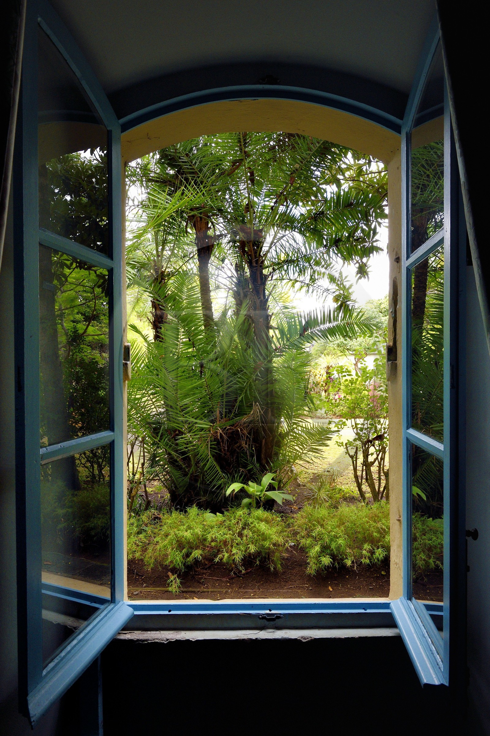 France, Ile de la Reunion, Saint-Gilles-les-Hauts, Musée de Villèle dans le domaine Panon-Desbassyns, ancienne propriété coloniale au cœur d'une grande plantation de canne à sucre qui faisait travailler un peu plus de 400 esclaves, vu sur le jardin de la maison de maitre