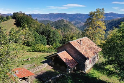 France, Haut Rhin, Ballons des Vosges Regional Natural Park, Storckensohn, la Tete des Perches mountain, the chaume de Gazon vert (extensive altitude grazing), refuge in a former farm (aerial view)