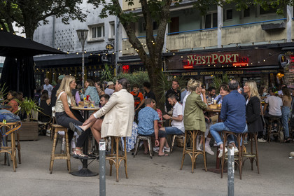 France, Morbihan, Lorient, Place Polig Montjarret, meeting and sharing place on restaurant and bar terraces
