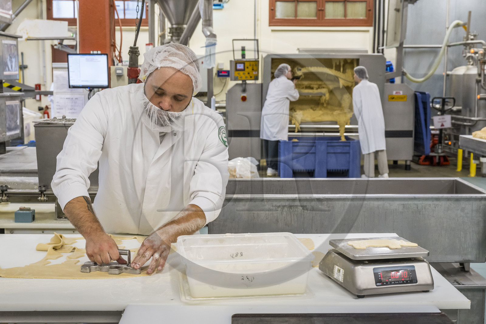 France, Côte-d'Or (21), Dijon, la fabrique de pains d'épices de la la maison Mulot et Petitjean, Thomas Thibeau procède à la découpe et la mise en moule manuelle