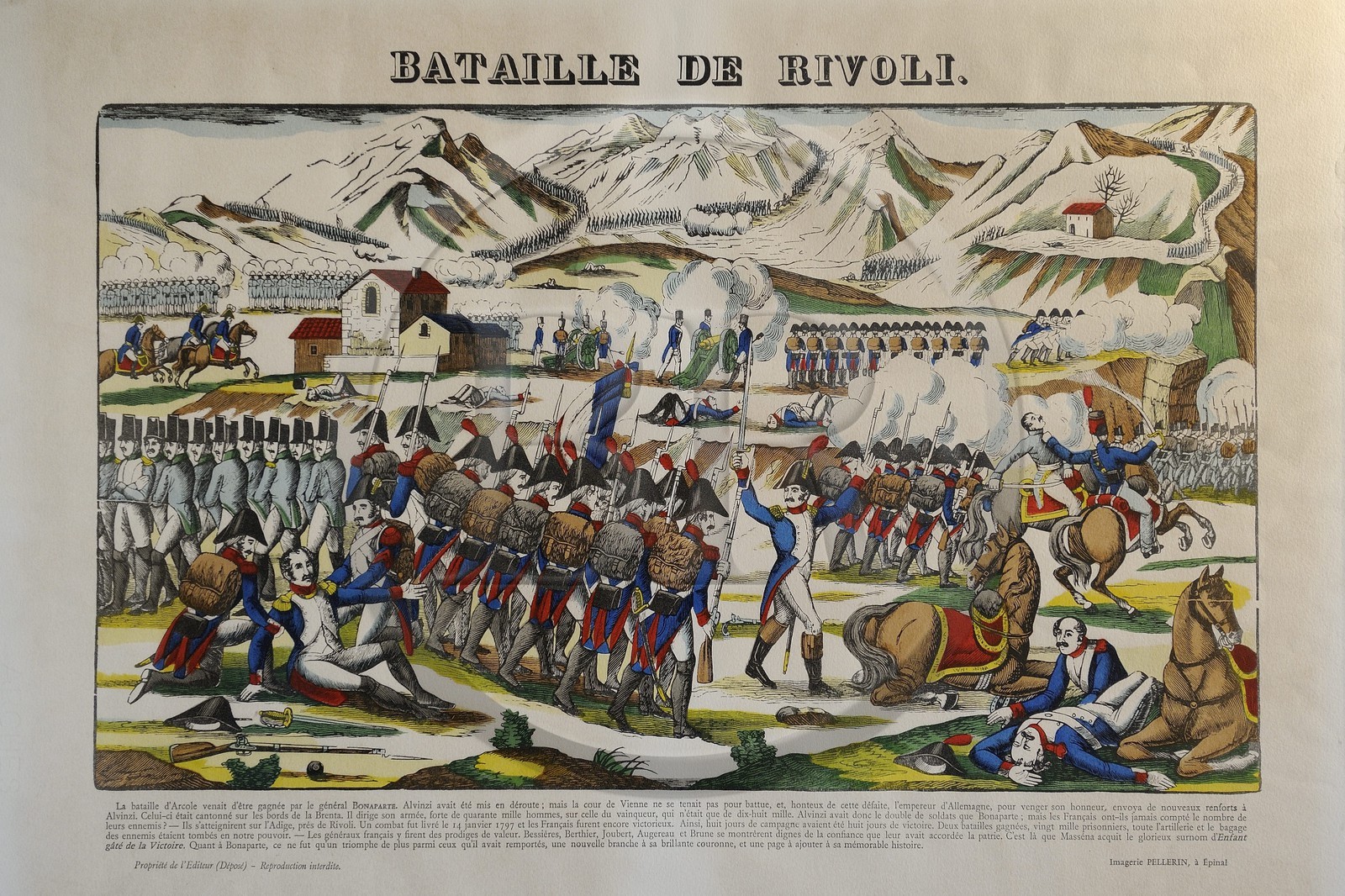 Italie, province de Vérone, la bataille de Rivoli a eu lieu le 14 et 15 janvier 1797 aux environs de Rivoli Veronese qui a vu la victoire de l'armée française menée par Napoleon Bonaparte face à l'armée autrichienne, gravure du musée napoleonnien