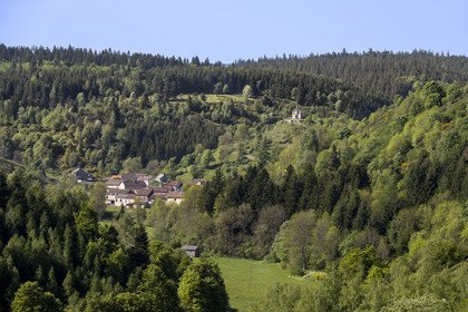 France, Lozère (48), Cheylard-l'Evêque, randonnée avec un âne sur le chemin de Stevenson (GR 70), le village dans la vallée