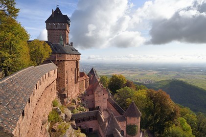 France, Bas Rhin, Orschwiller, Alsace Wine Road, Haut Koenigsbourg Castle and the plain of Alsace in the background