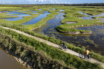 France, Vendée (85), Talmont-Saint-Hilaire, marais de la Guittière dans l'arrière pays de la Pointe du Payré, cycliste sur la piste de la véloroute Vendée Vélo Tour et Vélodyssée au passage du Cul d’Ane, marais aménagés pour la pisciculture de dorades, mulets et anguilles (vue aérienne)