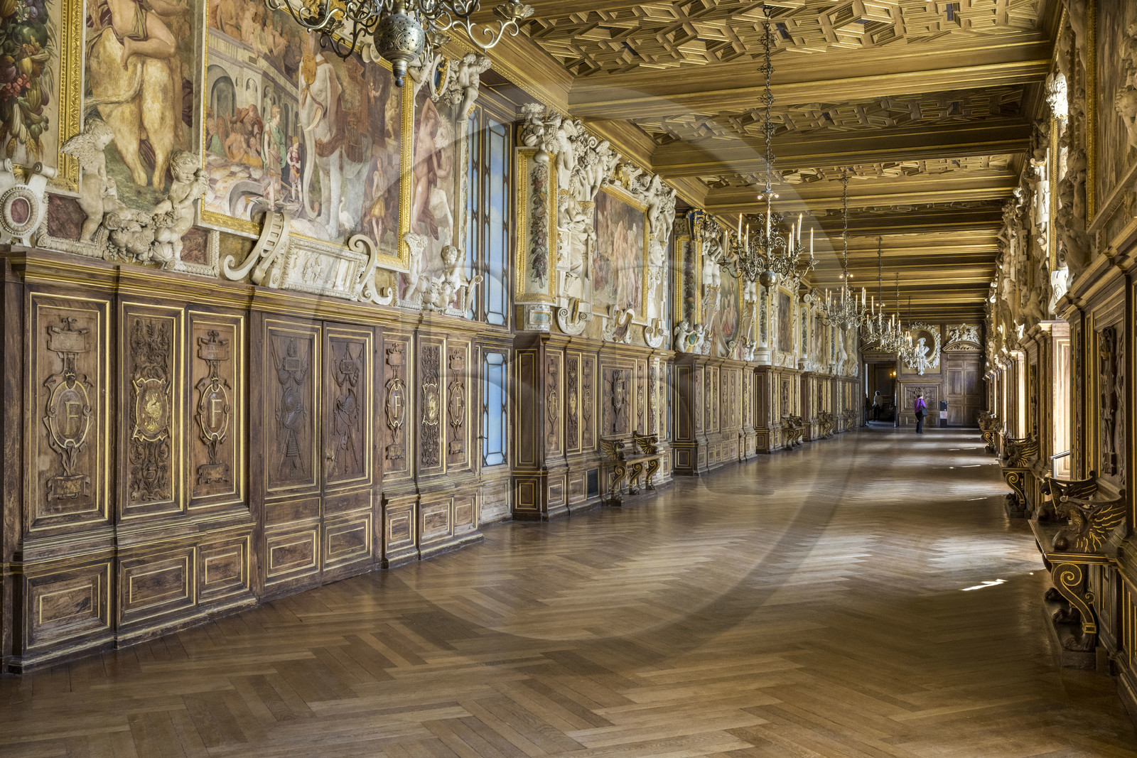 France, Seine-et-Marne (77), Fontainebleau, chateau de Fontainebleau, classé Patrimoine Mondial par l'UNESCO, la Galerie François 1er construite entre 1528 et 1530, décoré avec des peintures, des lambris, des fresques et des stucs, des boiseries en noyer sculpté et un plafond à caissons
