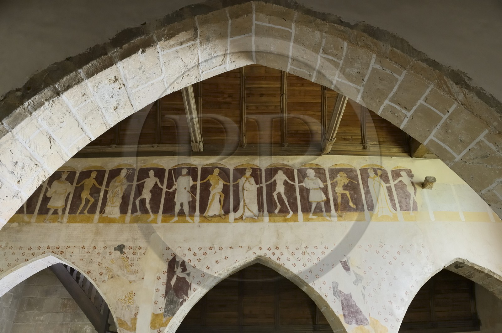 France, Côtes-d'Armor (22), Plouha, chapelle de Kermaria an Iskuit, fresque de la Danse macabre de la fin du XVème siècle