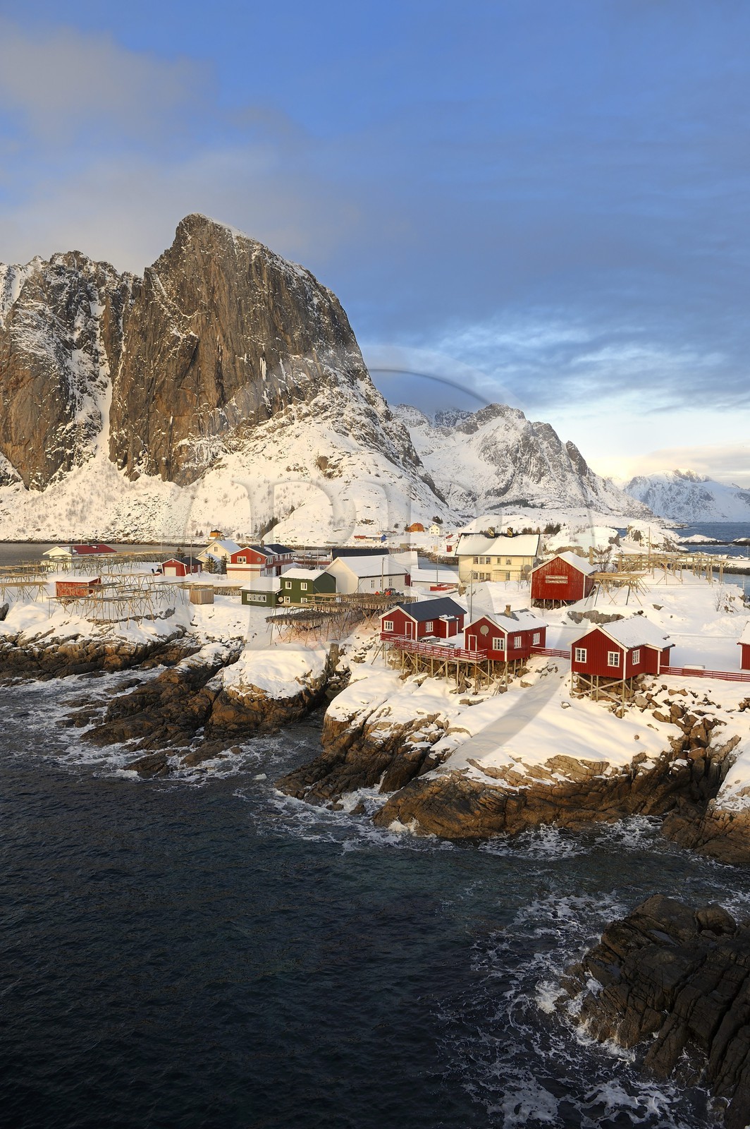 Norvège, Nordland, Iles Lofoten, Ile de Moskenes, le port de pêche de Hamnoy près de Reine, accrochage du cabillaud (morue) pour le séchage