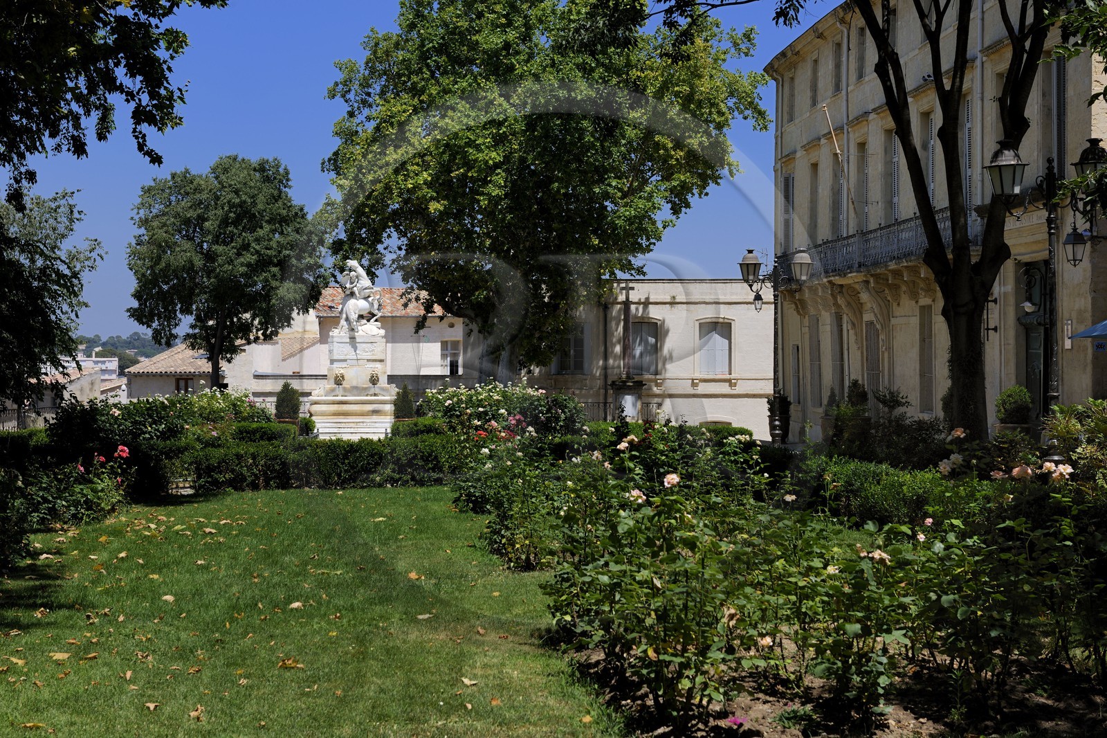 France, Herault, Montpellier, historical center, the Ecusson, the fountain with unicorns in the garden of the Canourgue square