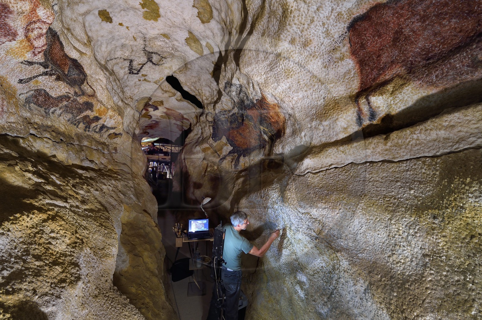 France, Dordogne (24), Montignac, chantier du futur Centre International de l'Art pariétal de Montignac-Lascaux (Lascaux 4), le diverticule axial de la grotte reconstituée par l’Atelier des Fac-Similés du Périgord (AFSP), finitions des peintures murales de la partie inférieure par l'artiste peintre Gilles Lafleur