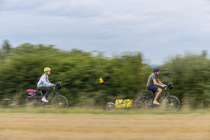 France, Maine-et-Loire (49), vallée de la Loire classée au Patrimoine Mondial par l'UNESCO, Saumur vers Saint-Hilaire, randonnée à bicyclette avec une remorque transportant le matériel de camping