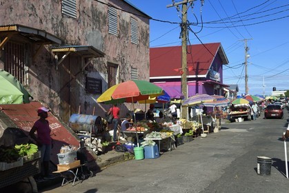 Caraïbes, Ile de la Dominique, la capitale Roseau, vente à l'étal de fruits et légumes aux abords du marché centrale