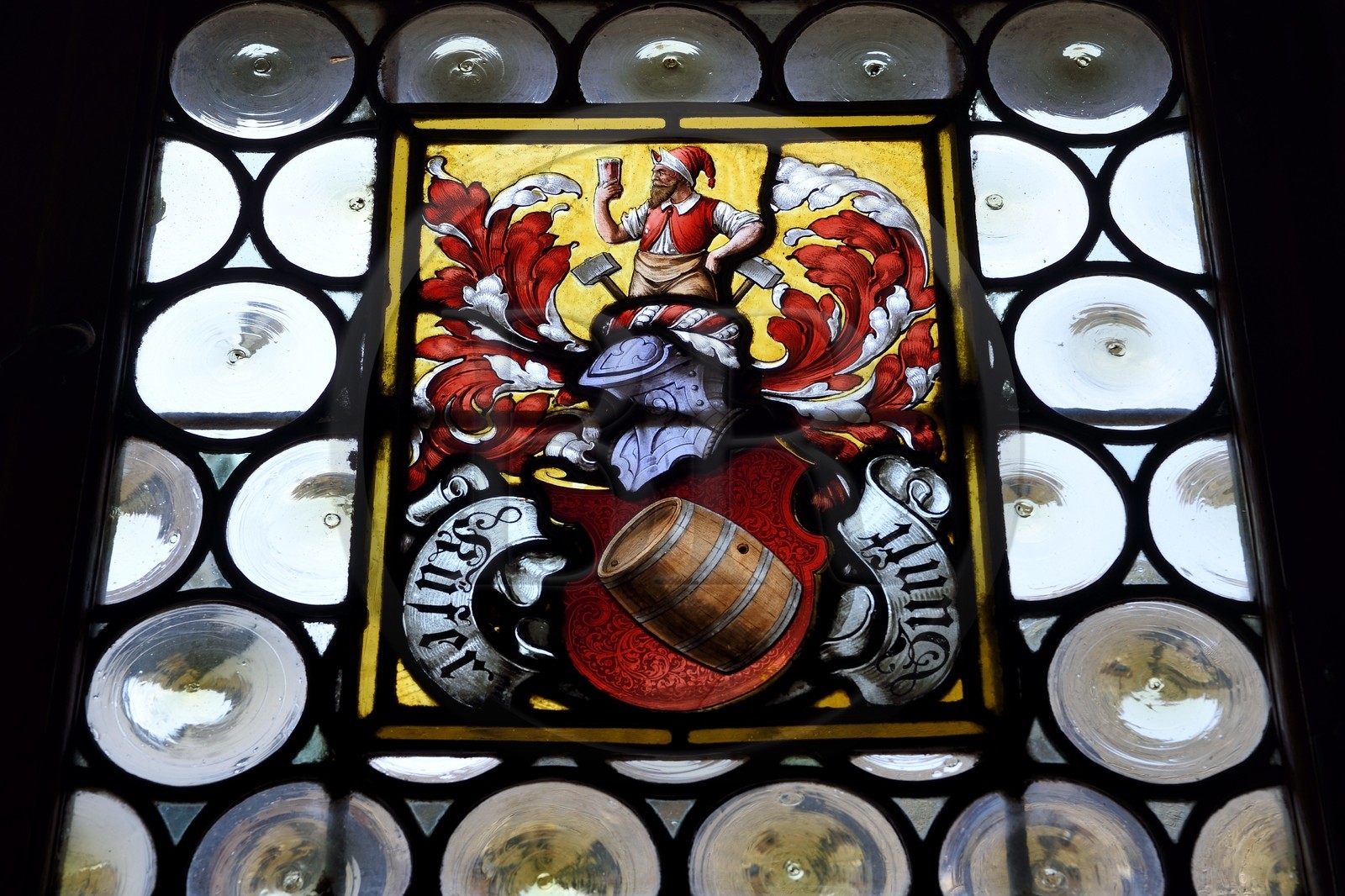 France, Bas Rhin, Strasbourg, old town listed as World Heritage by UNESCO, place de la cathedrale, the Kammerzell House from the 15th-16th century, crown glass (window), stained glass illustrating the activity of the brewer