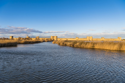France, Gard, Aigues Mortes, South ramparts towers and the salt marshes in winter