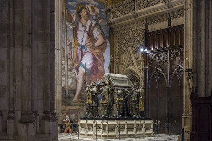 Espagne, Andalousie, Séville, la cathédrale, classé Patrimoine Mondial de l'UNESCO, mausolé de Christophe Colomb (mausoleo de Colon)